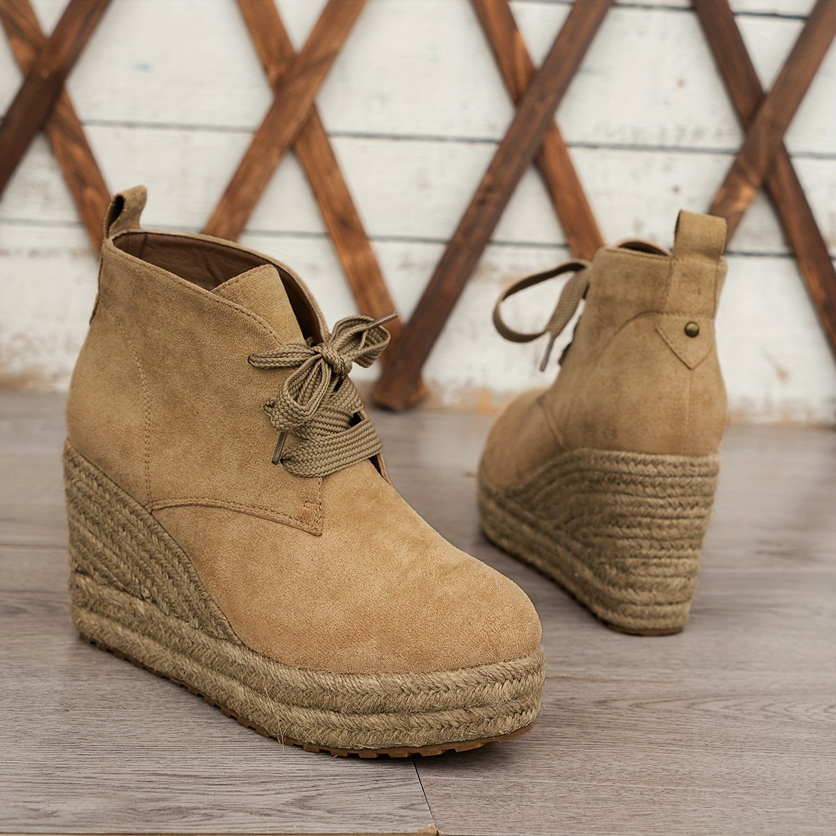 Women's Linen Wedge Ankle Boots Casual Solid Color Lace-Up Platform Shoes