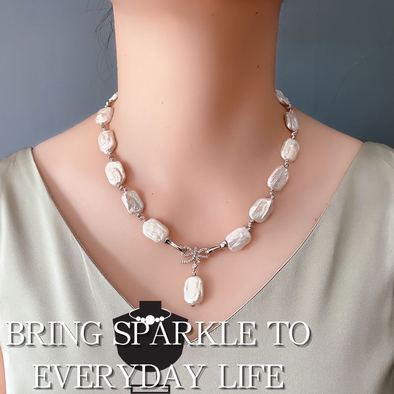 Vintage French-Inspired Freshwater Pearl Necklace with Bow Clavicle Chain for Women