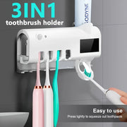 Wall-Mounted Toothbrush Sanitizer Holder with UV Sterilizer and 3-in-1 Dispenser