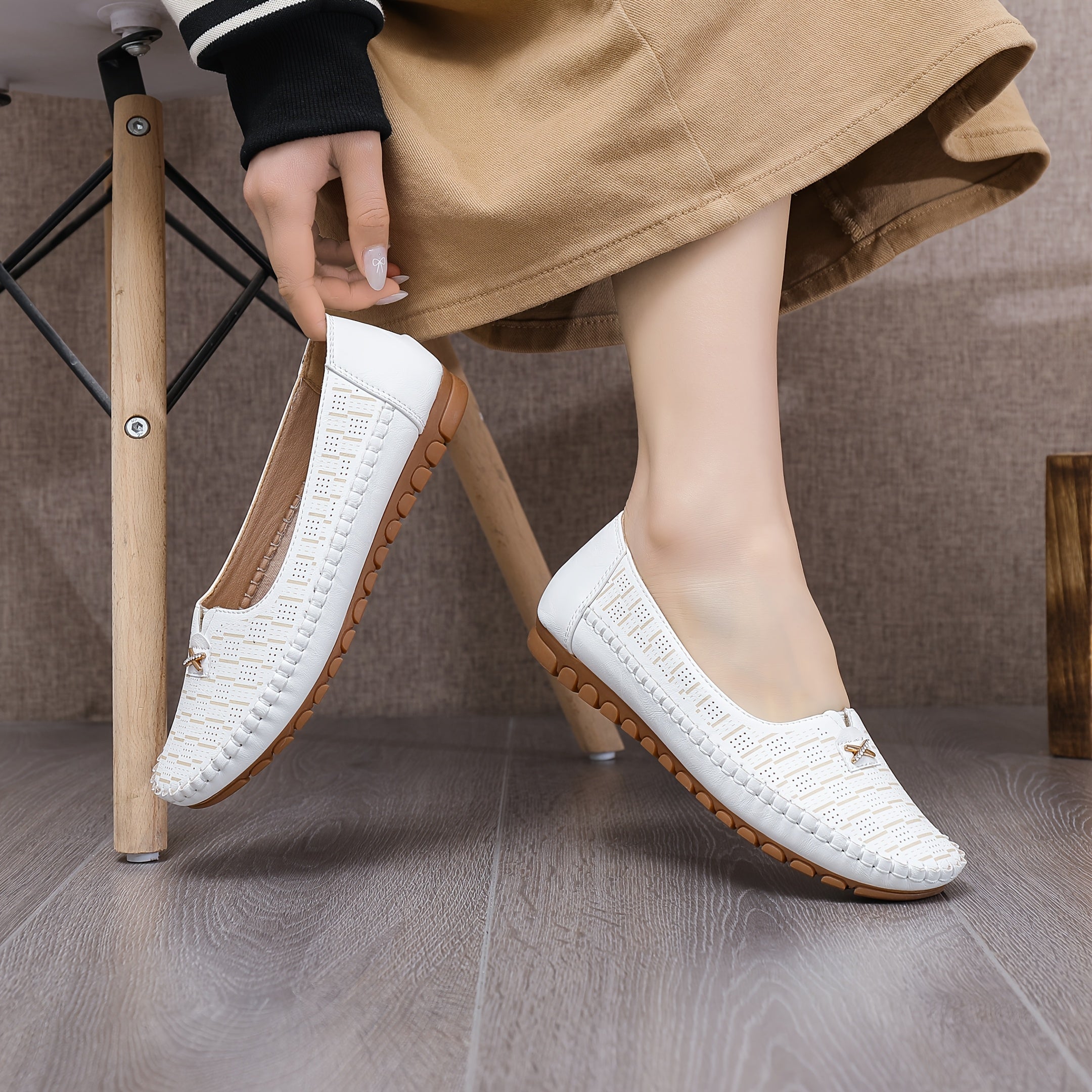 Women's Slip-On Loafers with Metal Buckle, Solid Color, Plain Toe