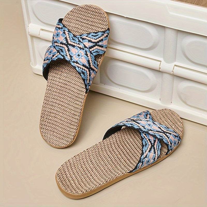 Women Linen Slip-On Indoor House Shoes Open Toe Comfortable