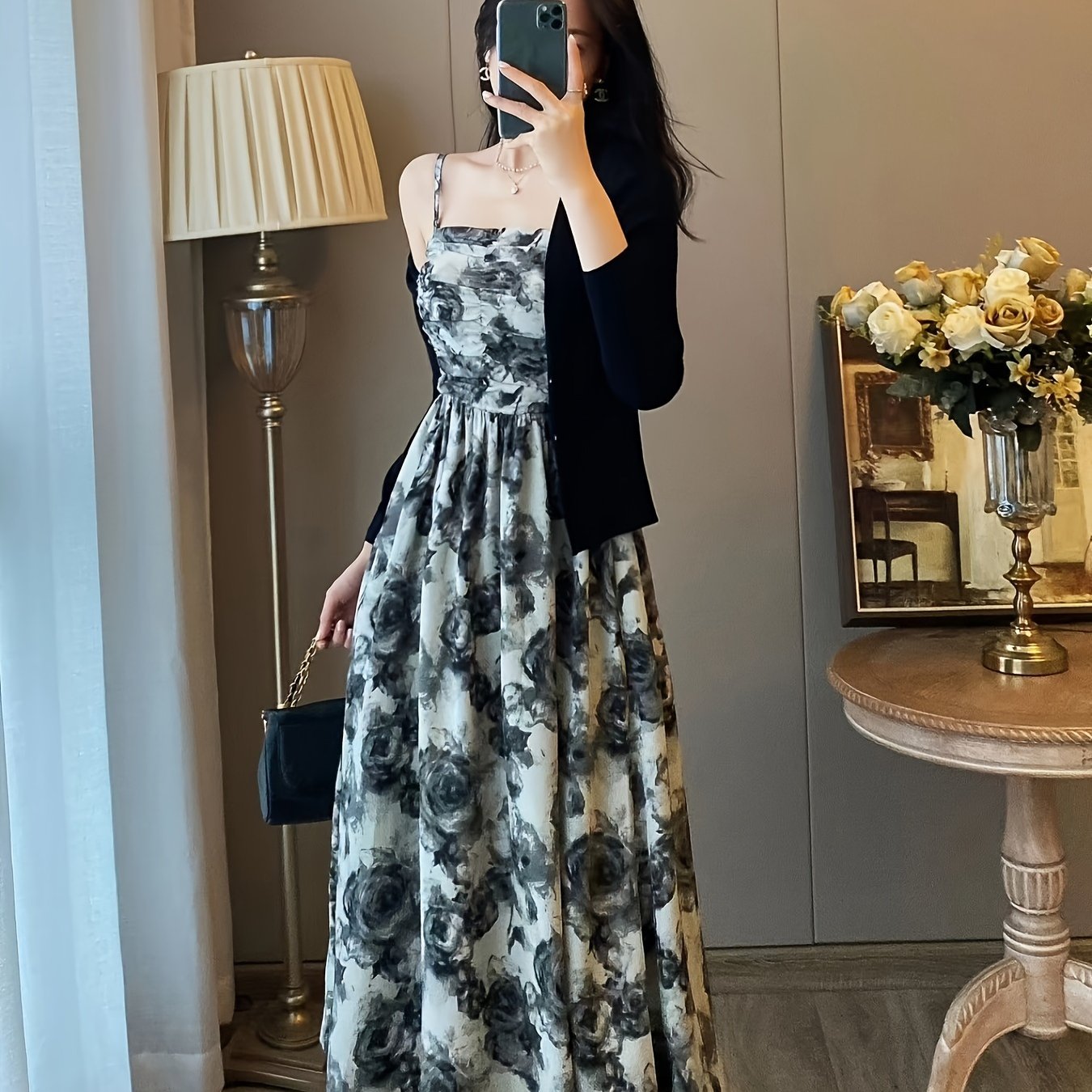 Women's Floral Print Clothing Set with Camisole Dress and Cardigan for Spring Summer