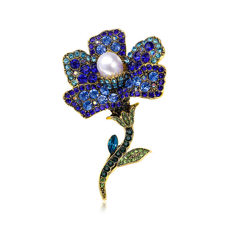 Women's Rose Brooch Pin with Rhinestones Faux Pearl and Tassel Stylish Floral Lapel Pin for Winter Jackets
