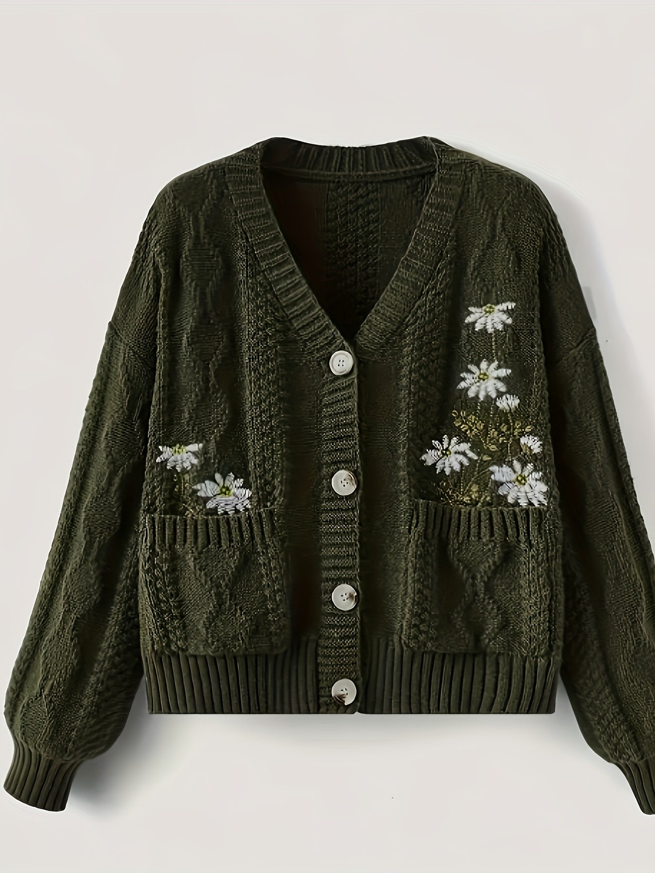 Women's Polyester Knit Open-Front Cardigan with Floral Pattern Long Sleeve Autumn Winter Oversized
