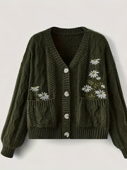 Women's Polyester Knit Open-Front Cardigan with Floral Pattern Long Sleeve Autumn Winter Oversized