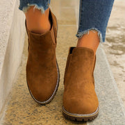 Women's Black Chunky Mid-Heel Boots with Round Toe Zipper Non-Slip