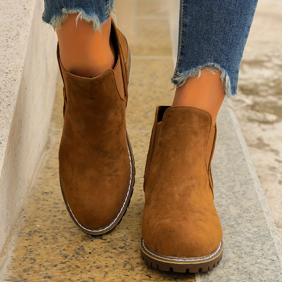 Women's Black Chunky Mid-Heel Boots with Round Toe Zipper Non-Slip