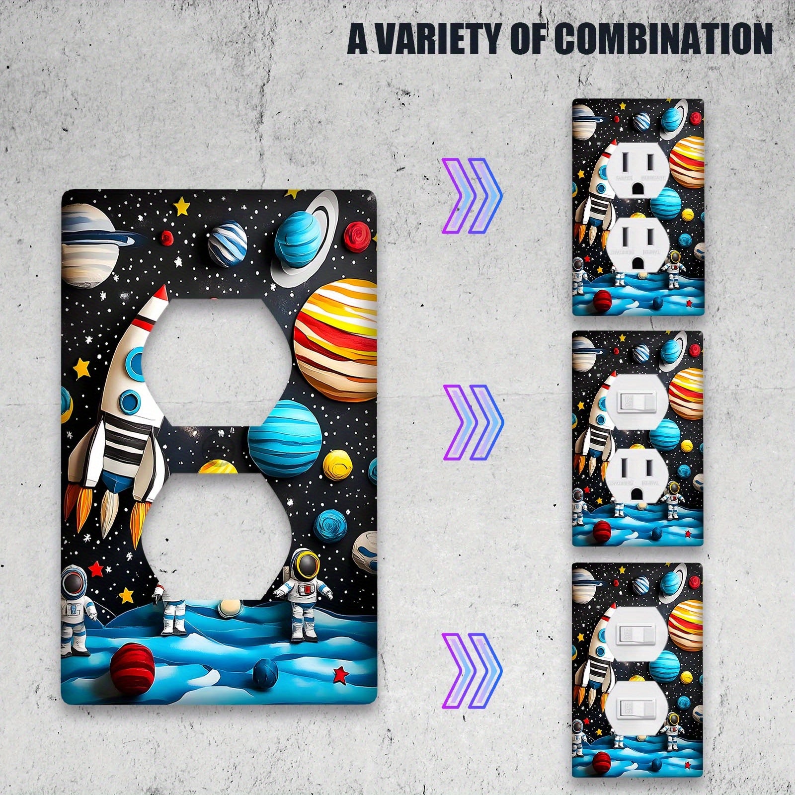 Cubierta de interruptor de luz de cohete de dibujos animados y planetas, fácil de instalar