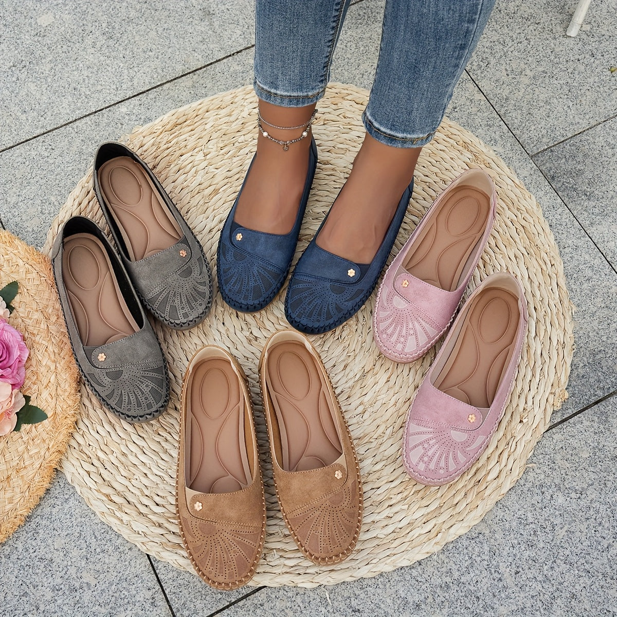 Ayollar uchun vintage gul naqshli lenta bilan yopiladigan kundalik qulay barcha mavsum poyabzali