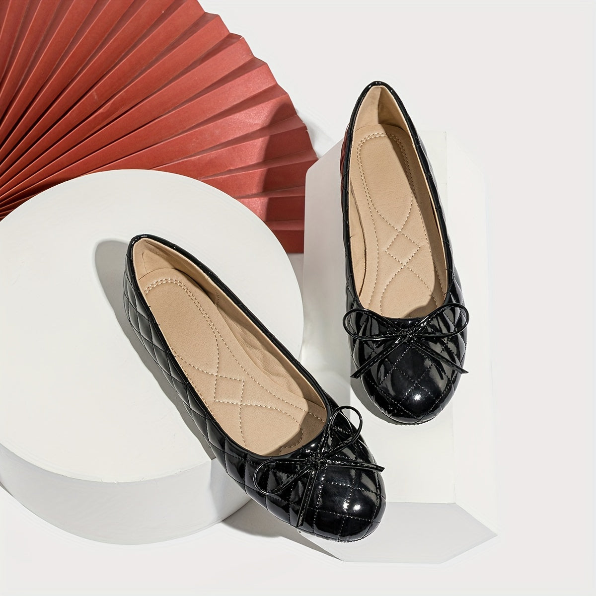 Women's Quilted Ballet Flats with Round Toe and Ankle Tie