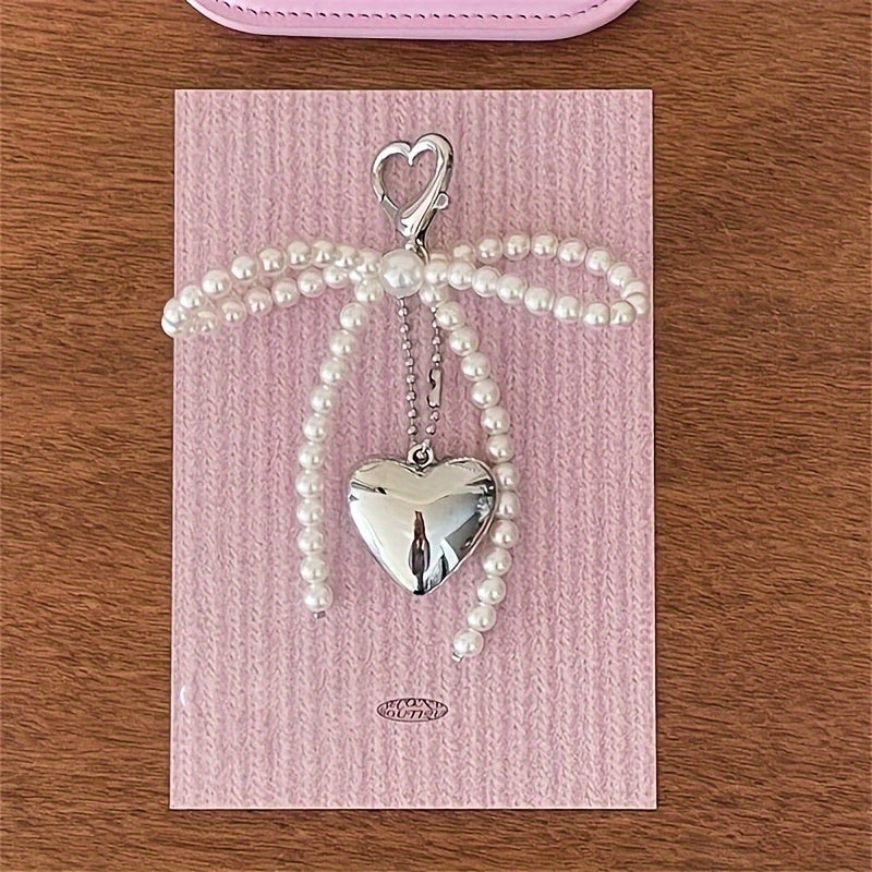 Large Heart-Shaped Metal Pendant with Pearl Bow for Women Girls Mobile Phone Camera Bag Keychain
