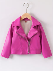 Faux Leather Jacket for Kids with Lapel and Diagonal Zipper Short Length Fall Winter