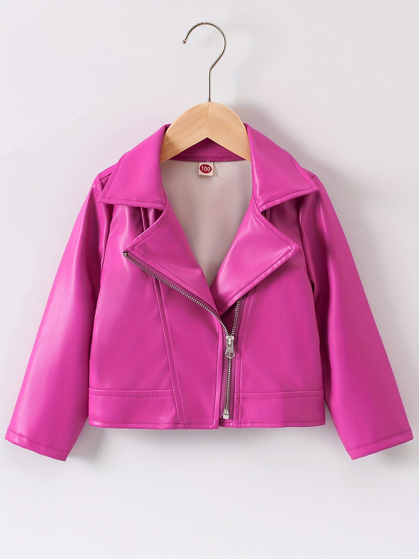 Faux Leather Jacket for Kids with Lapel and Diagonal Zipper Short Length Fall Winter