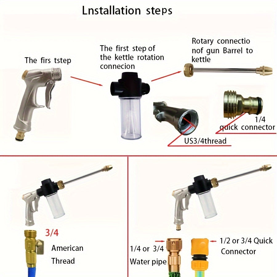 Расширяемый шланг для распыления под высоким давлением с регулируемой насадкой для эффективной мойки автомобилей и полива сада. Прочный серо-черный полосатый шланг длиной 15 м.