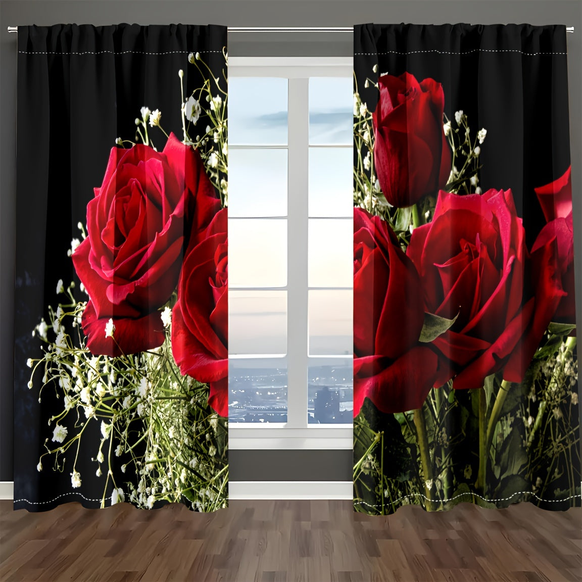 Red Rose Themed Curtains for Privacy and Decoration, Translucent, Romantic Style