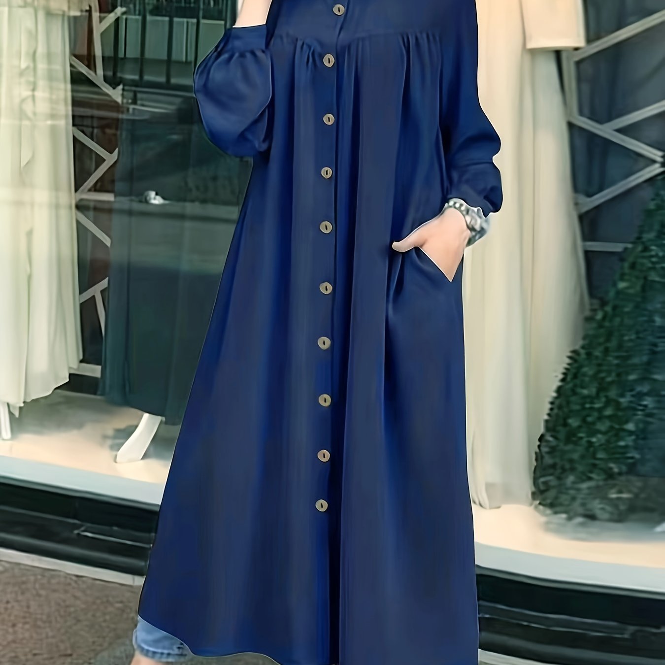 Middle Eastern Abaya Dress Long Open Collar Solid Polyester Casual