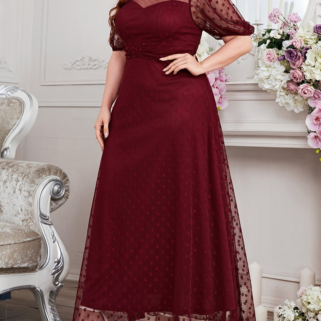 Women's V-Neck Lace Dress Plus Size Long Sleeve Evening Gown Creamy Yellow