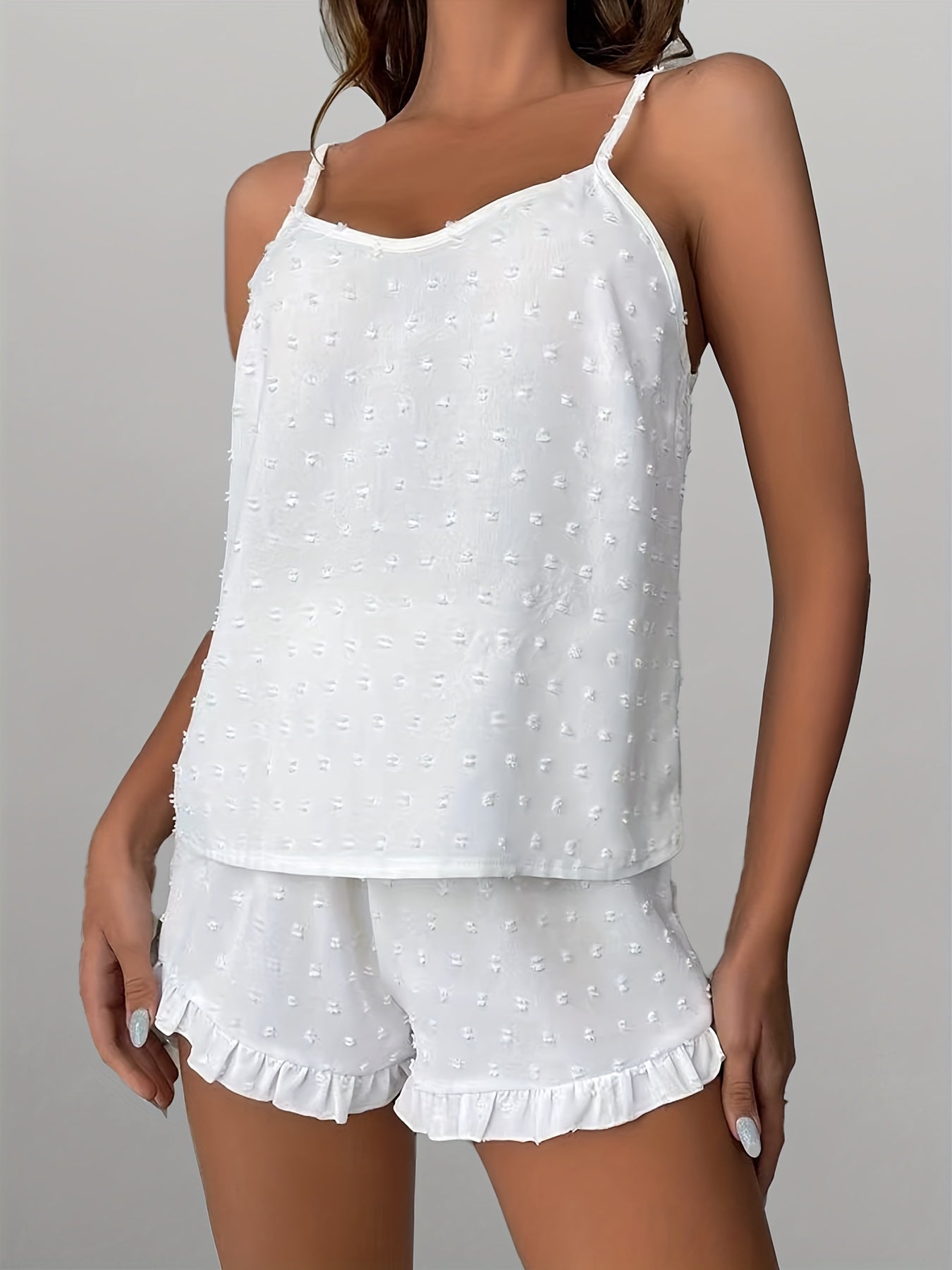 Women's V Neck Cami Top and Ruffle Shorts Pajama Set Solid Polyester Spring Summer Fall