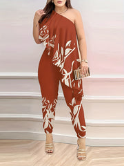 Women Sleeveless Jersey Jumpsuit with Ruffle Floral Print in Green