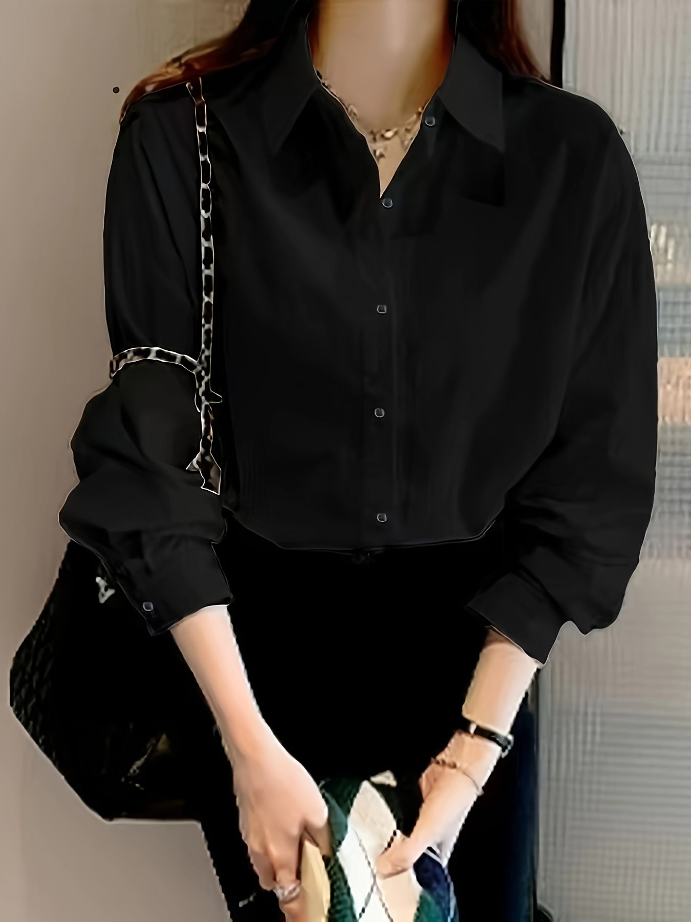 Women's Black Long Sleeve Shirt with Lapel Collar and Belly Support Casual Top