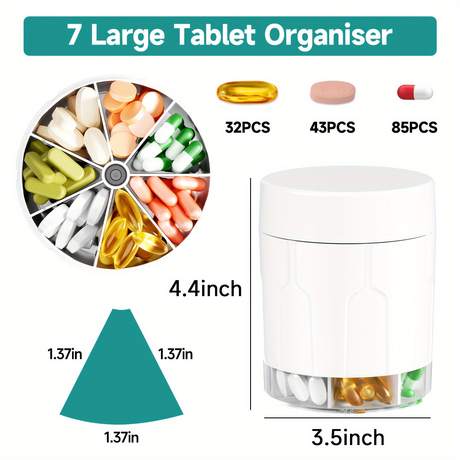 Large Pill Organizer Dispenser for Adults with 7 Compartments Travel Medication Box
