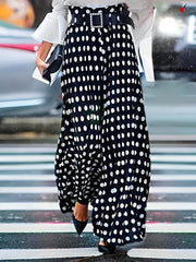 Pantalones de pierna ancha con lunares para mujer, poliéster, cinturón, casual, verano