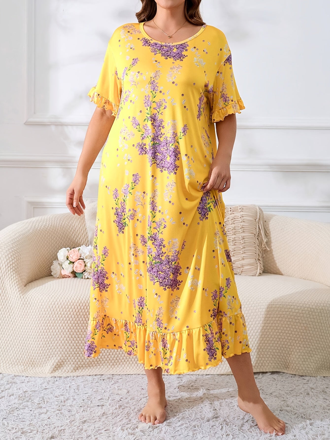 Plus Size Women's Floral Print Short Sleeve Nightdress Ruffle Trim