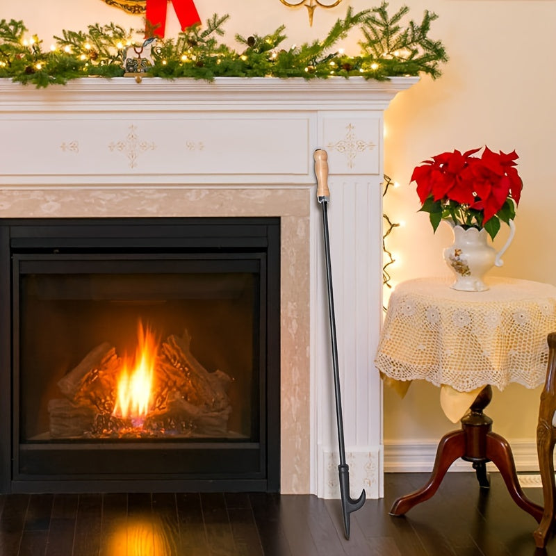 Portable Fire Pit Poker Stick with Swivel Mount and Wooden Handle for Camping and Indoor Use