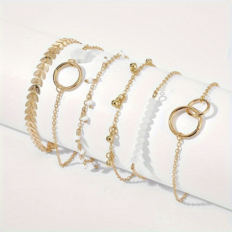 6-Piece Gold Retro Anklet Set with Flower Tassel Tree Leaf Geometric Pendants for Girls