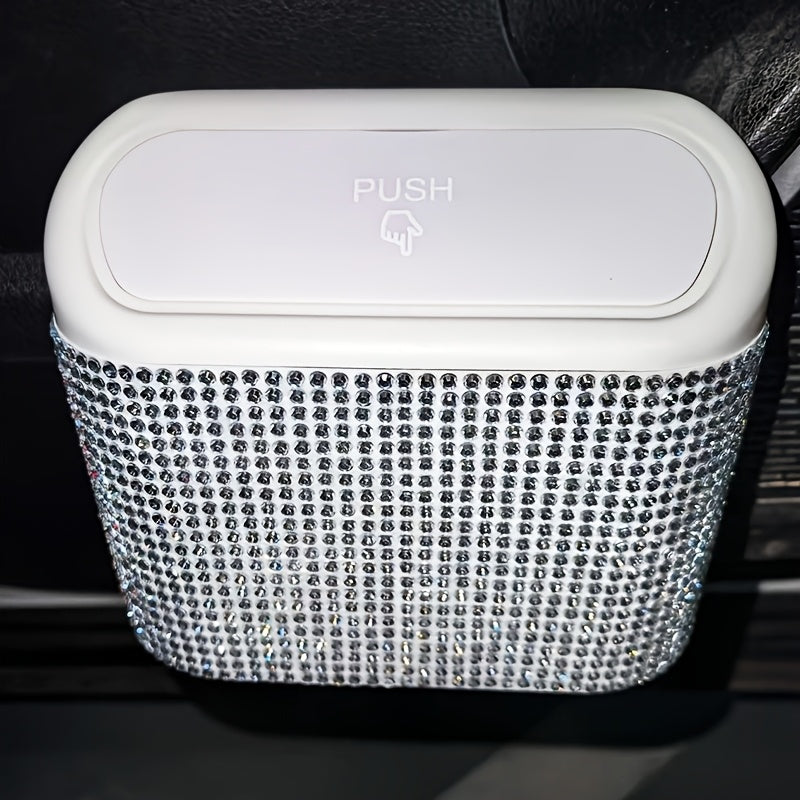 Car Interior Hanging Trash Can with Artificial Rhinestone Inlay Multi-Functional Storage