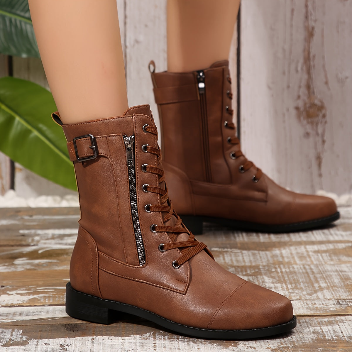 Women's Brown Trendy Short Tube Fashion Boots With Thick Heel