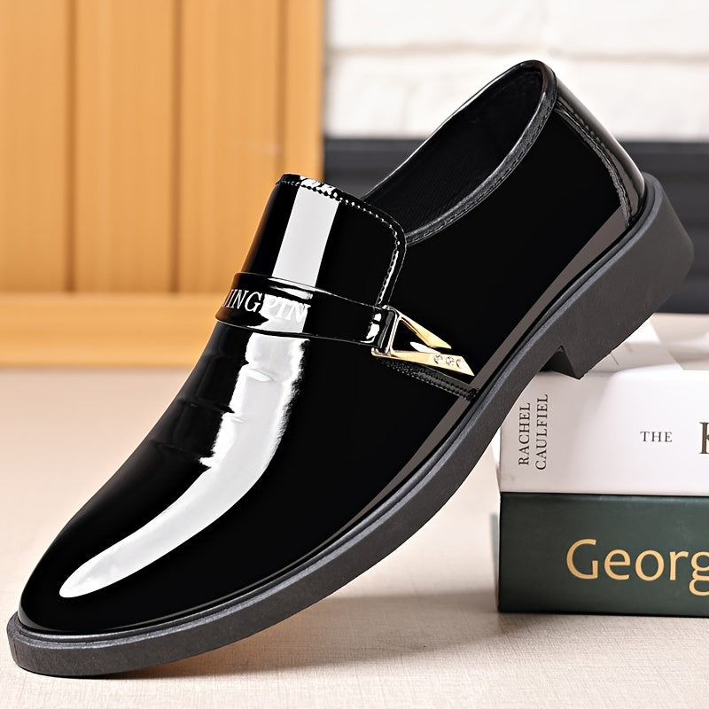 Men's Black Slip-On Business Casual Shoes with Pointed Toe and Gold Accents