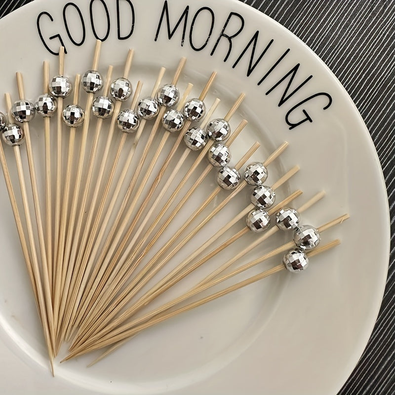 100 Packs Bamboo and Pearl Fruit Fork Sticks for Party, Cakes, Desserts