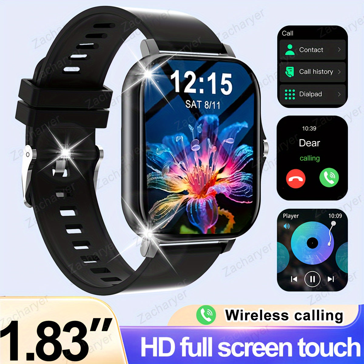 Full-Screen Touch Smartwatch with Call Alerts Sports Modes Compatible with Android and iPhone Square Silicone Band