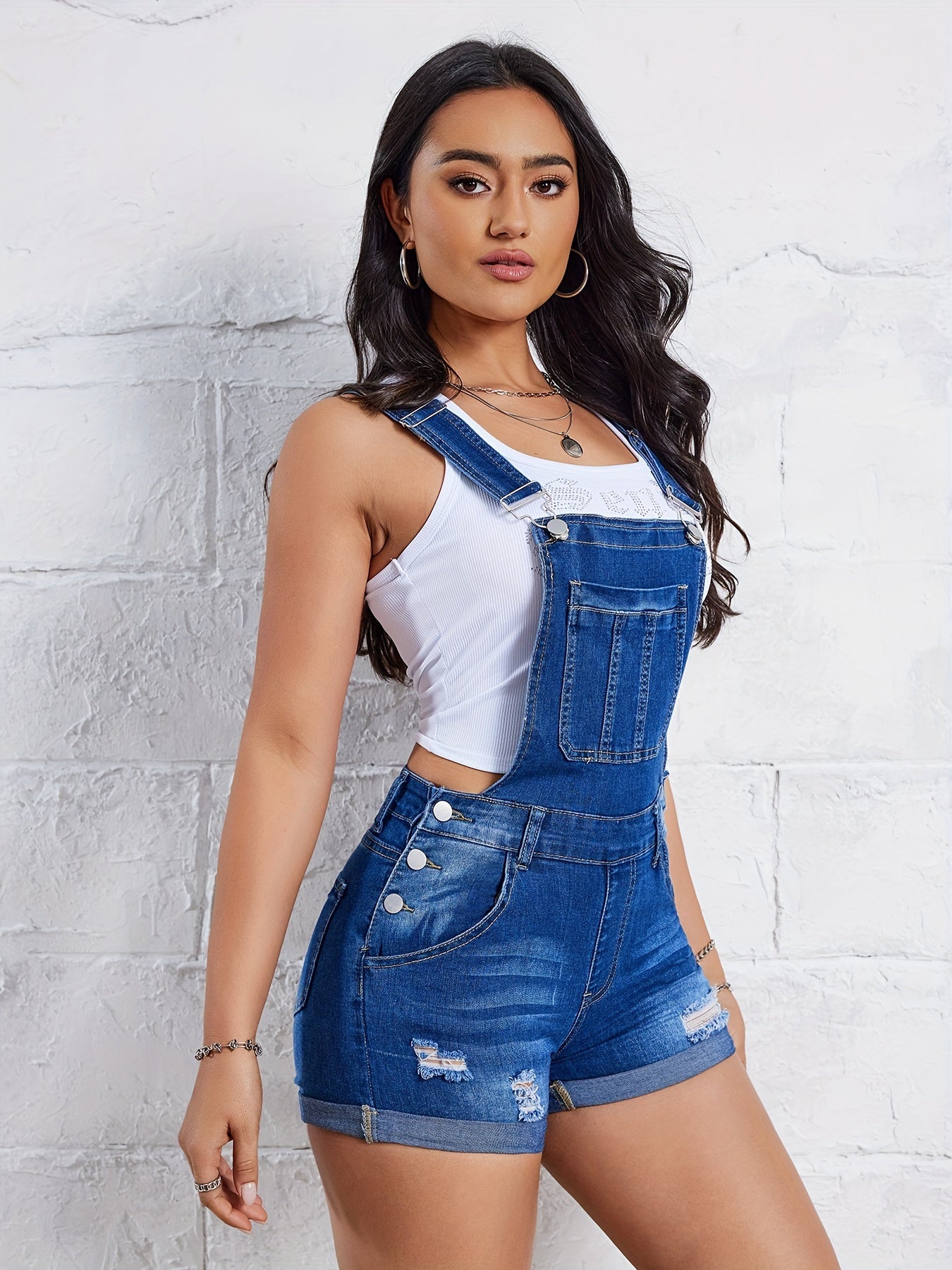 Women Plus Size Denim Ripped Shorts With Elastic Waistband