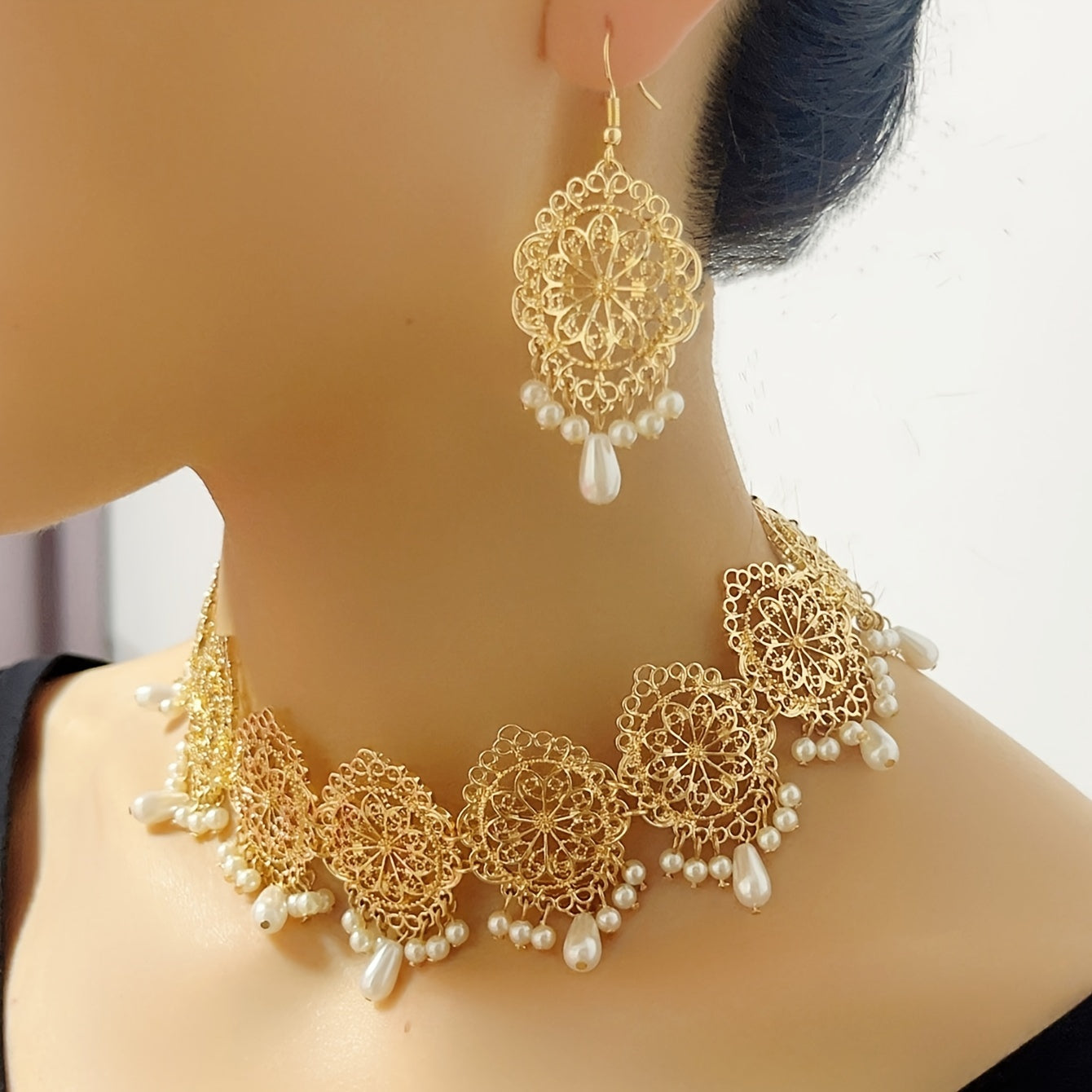 Indian-Inspired Jewelry Set 3-Piece Gold-Tone Necklace and Earrings with Pearl Drops