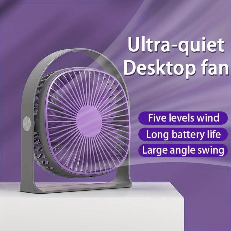 Desktop Fan with LED Light, 5-Speed, 360° Rotatable, USB Rechargeable, Portable