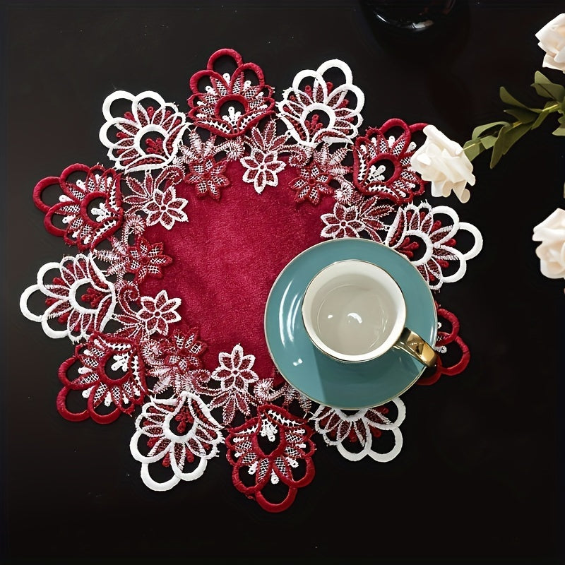 Embroidered Lace Border Polyester Table Mat 50cm Diameter for Home Decor and Events