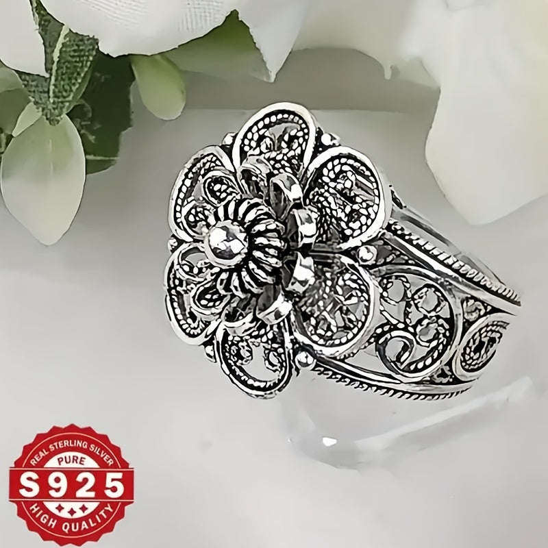 Sterling Silver Daisy Ring Hollow Design Bohemian Style for Weddings and Parties