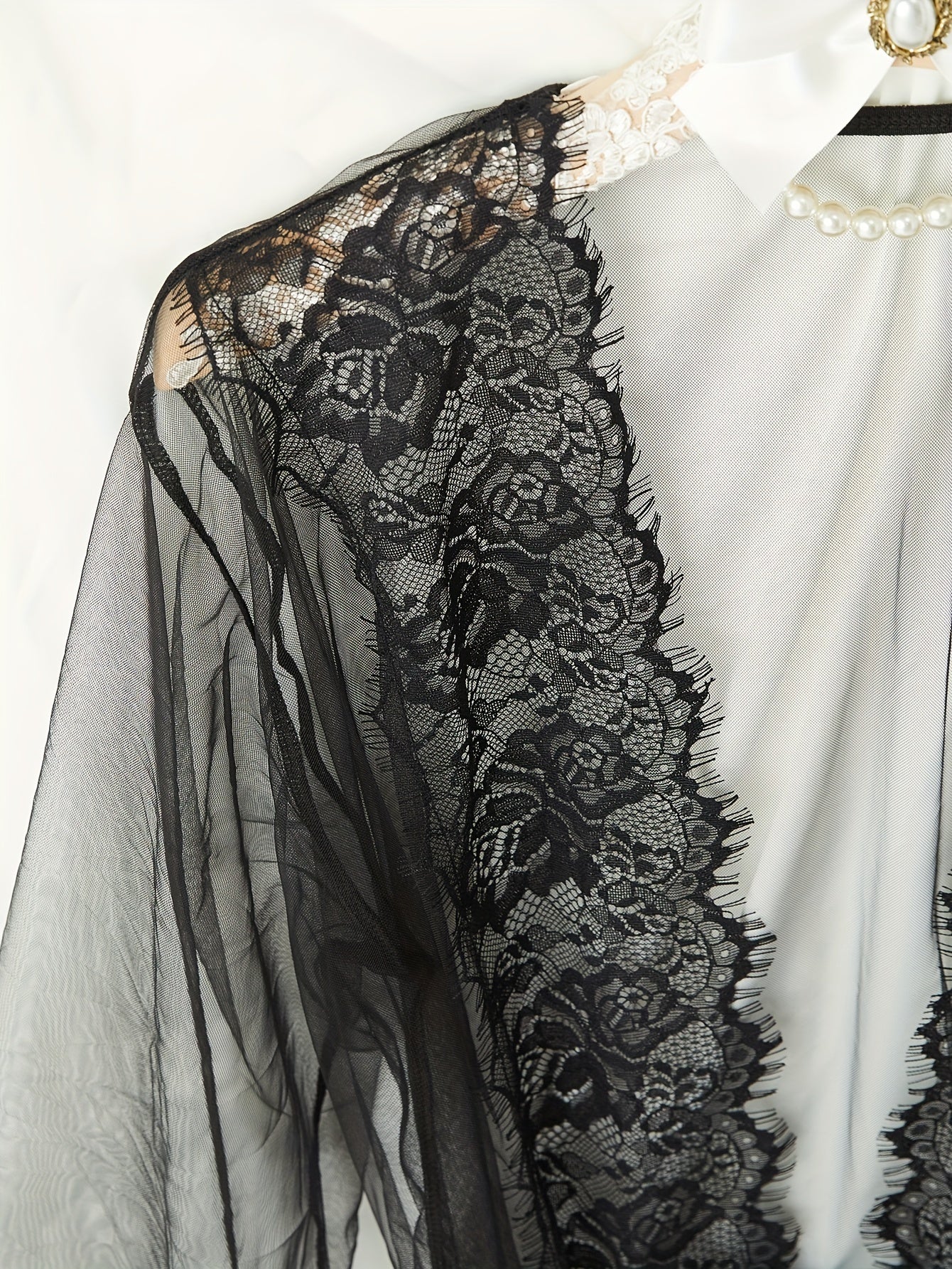 Plus Size Lingerie Set Women's Contrast Lace Semi Sheer Robe Bra Thong