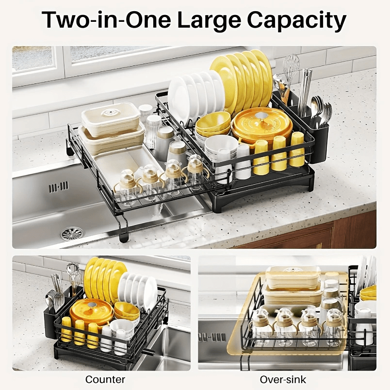 Stainless Steel Dish Drying Rack with Utensil Holder Adjustable Drain Spout Space-Saving Black Kitchen Sink Organizer