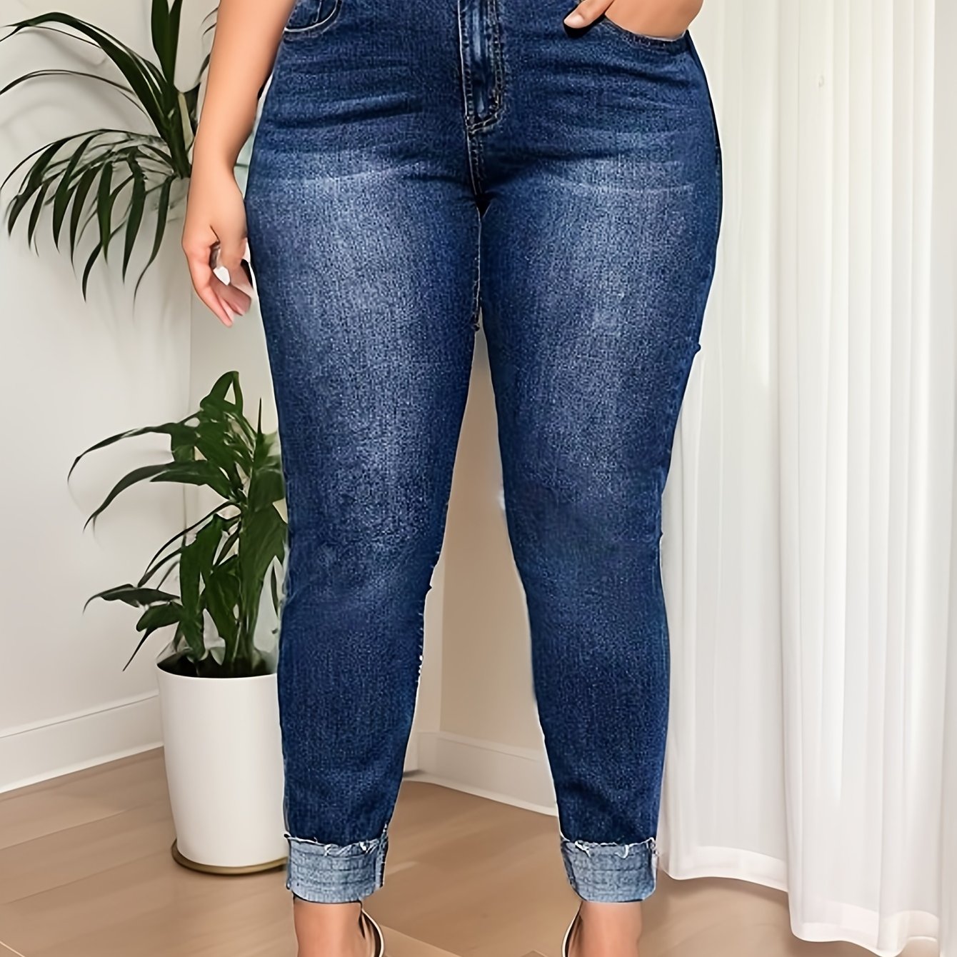 Women's Plus Size Skinny Jeans High Rise Washed Rolled Button Fly Denim