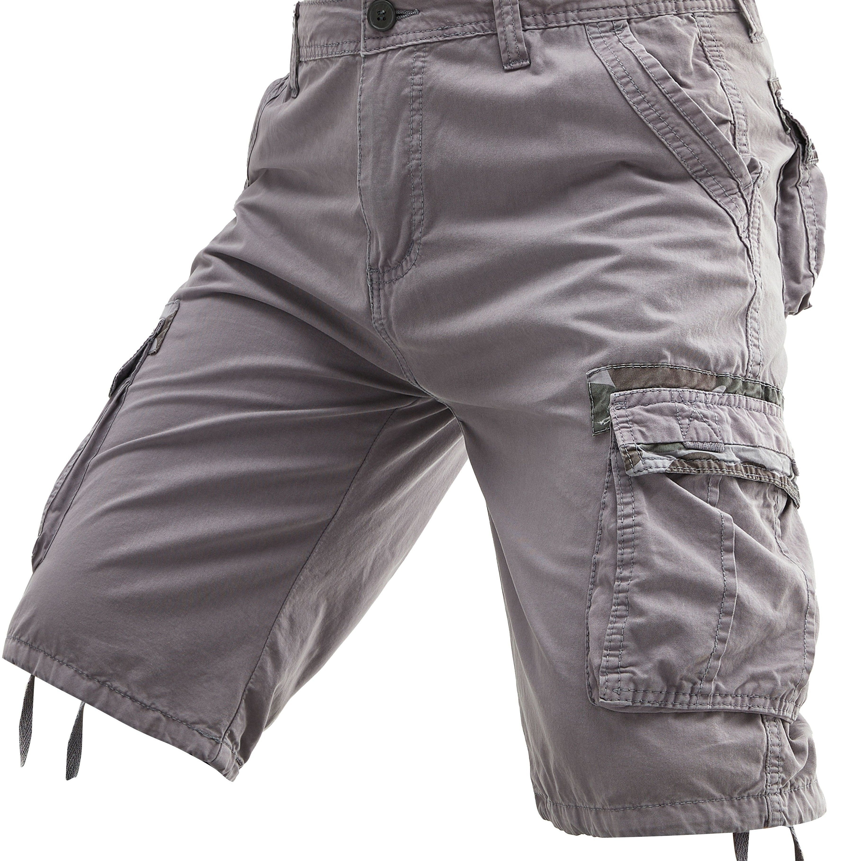 Erkaklar uchun ortiqcha kattalikdagi paxta yuk shortlari, cho'zilmaydigan, bir nechta cho'ntaklar, bir rangda, keng kesimda va to'qilgan mato.