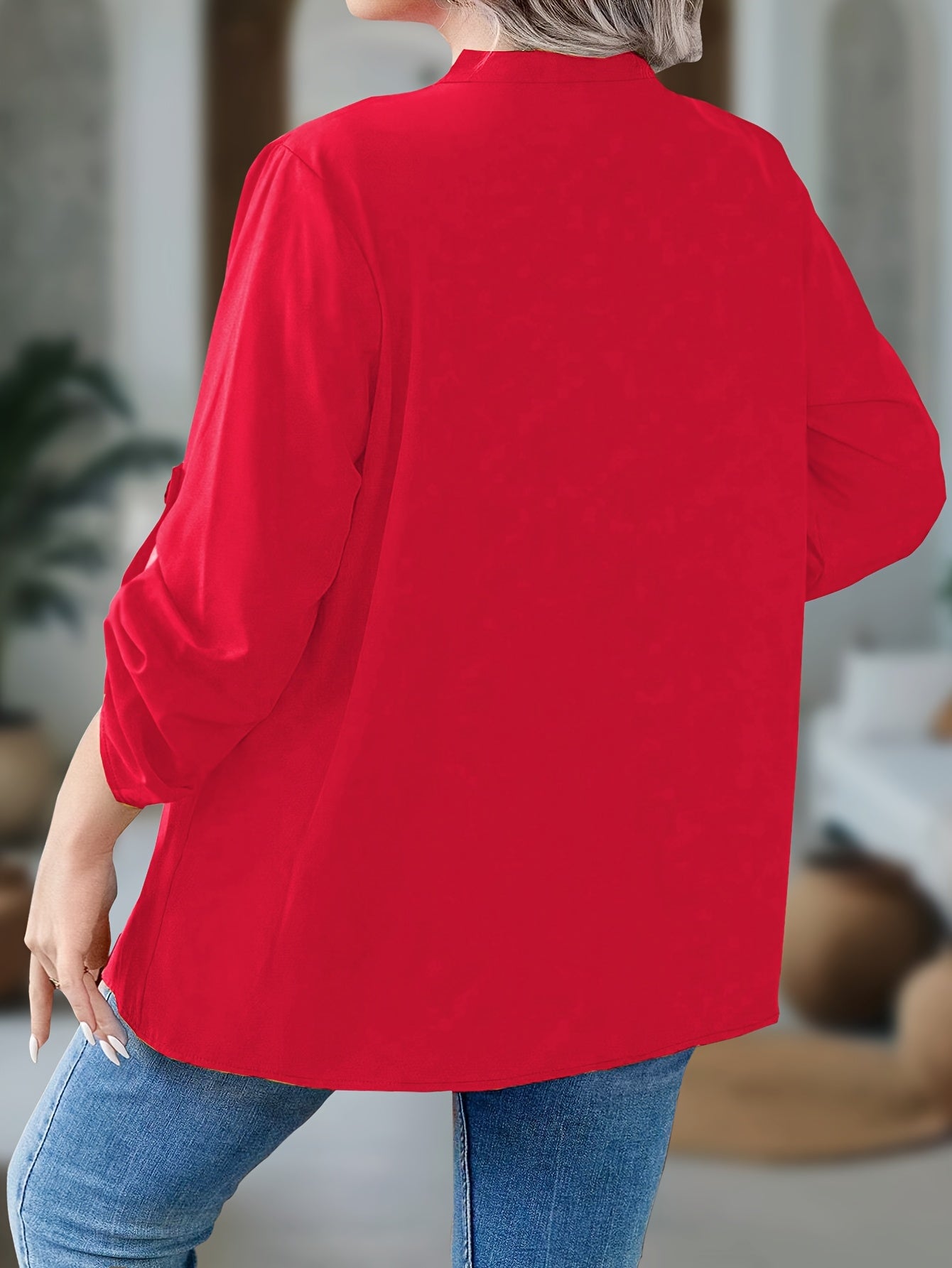 Plus Size Women's V-Neck Blouse Long Sleeve Elegant Solid Color Casual Formal