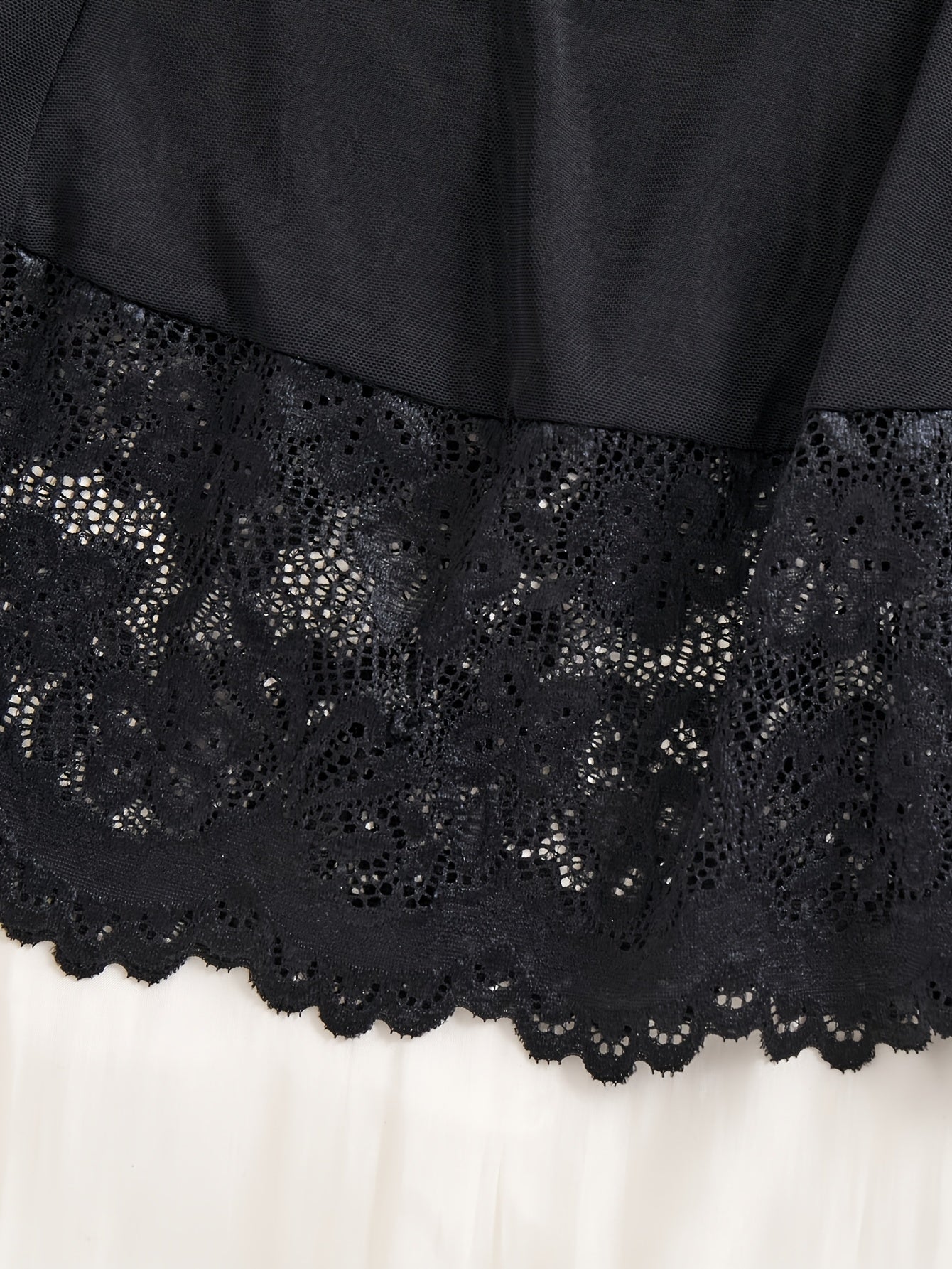 Black Lace Mesh Camisole Sleepwear Set with Deep V Back and Thong Panty