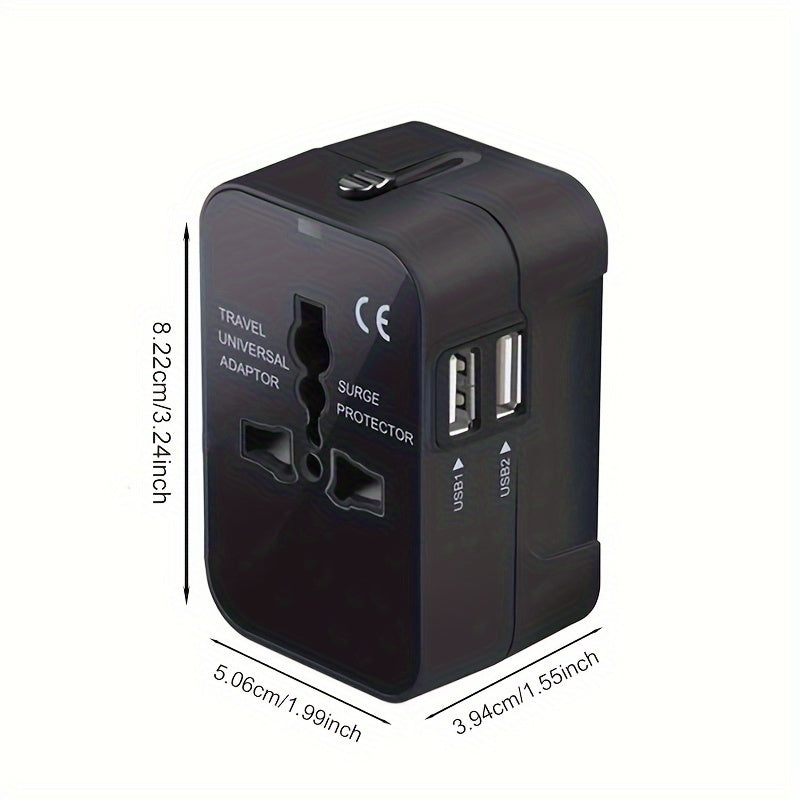 USA, EU, UK, Avstraliya uchun USB bilan qora universal sayohat adapteri, dunyo bo'ylab mos keladigan devor zaryadkasi