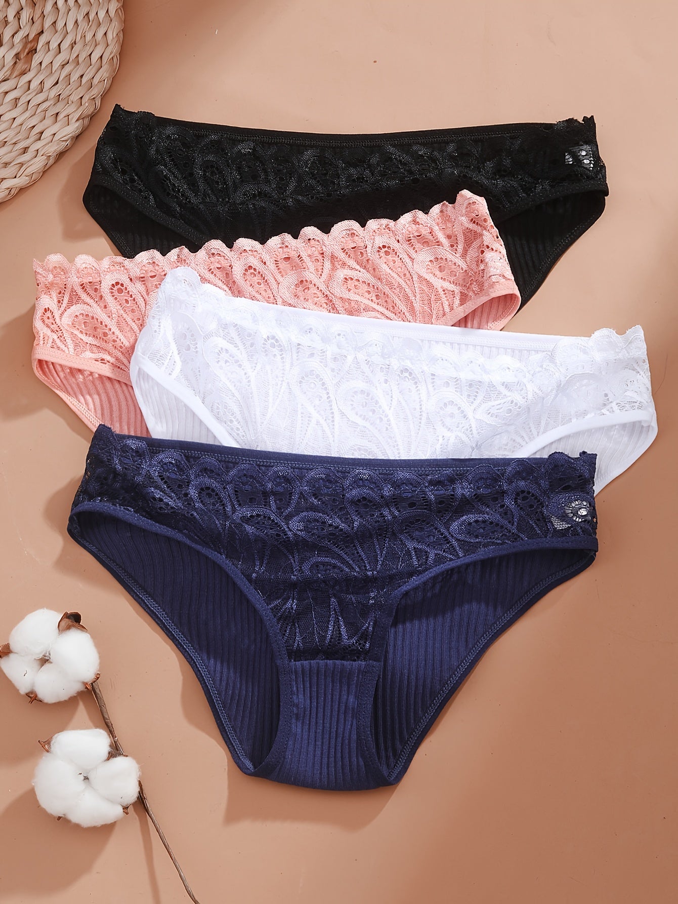 Women's Cotton Briefs 4-Pack with Lace Trim Mid Rise Breathable Comfortable Underwear