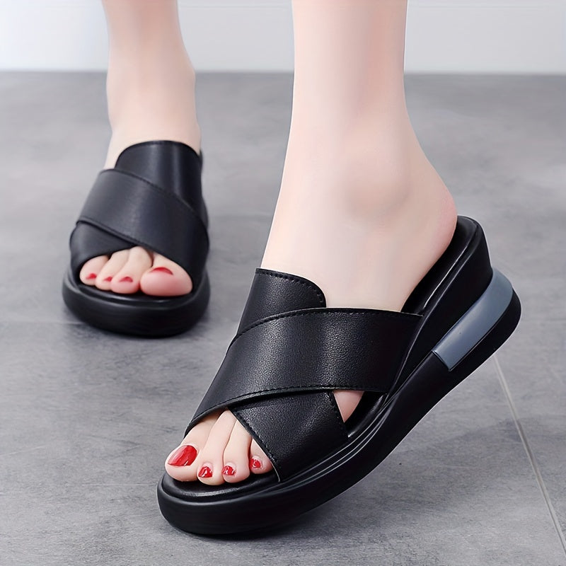 Women's Black Wedge Sandals Slip-On Platform Open Toe Rubber Sole Summer