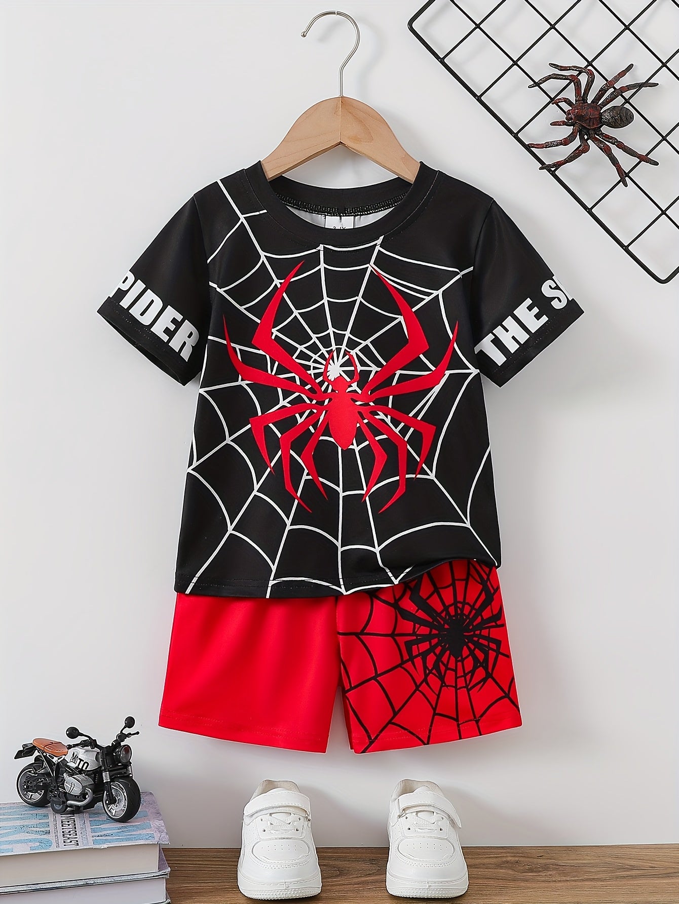 Kids Boys Spider Graphic Print T-Shirt and Shorts Set for Summer Comfort