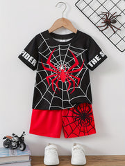 Kids Boys Spider Graphic Print T-Shirt and Shorts Set for Summer Comfort